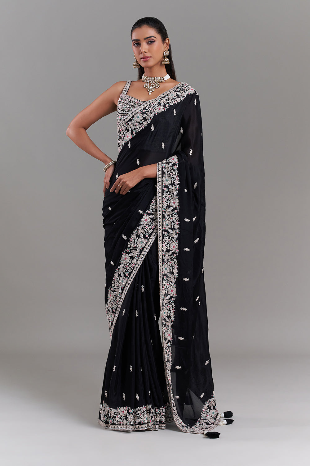 Black Crepe Embroidered Saree with Stitched Blouse