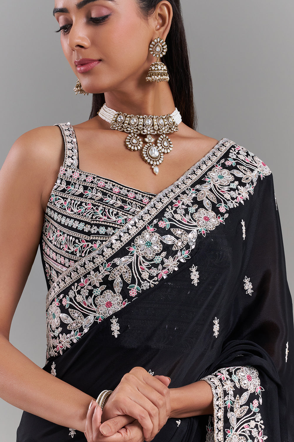 Black Crepe Embroidered Saree with Stitched Blouse