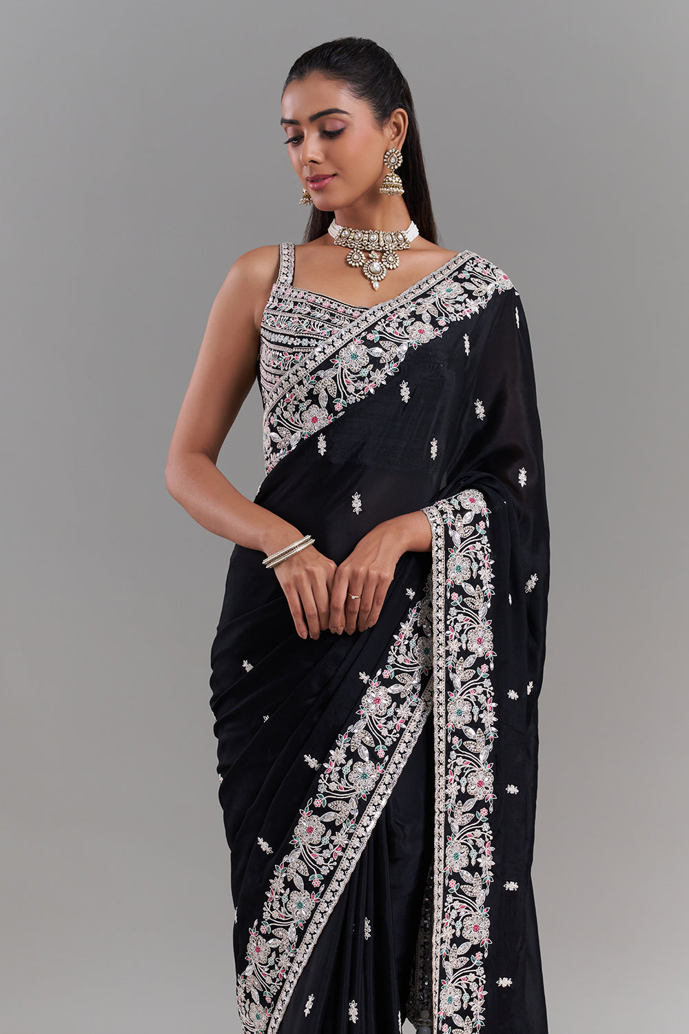 Black Crepe Embroidered Saree with Stitched Blouse