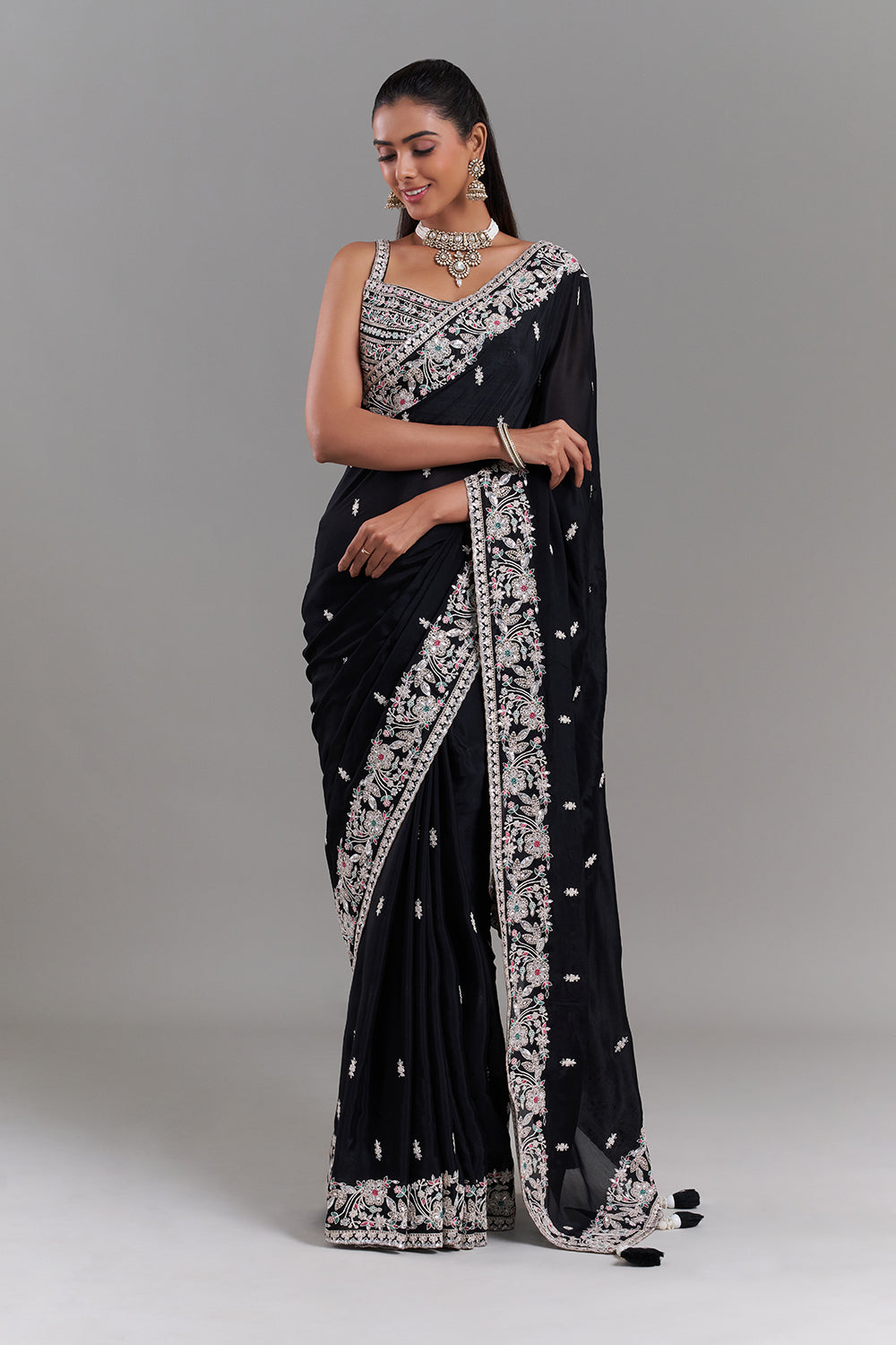 Black Crepe Embroidered Saree with Stitched Blouse