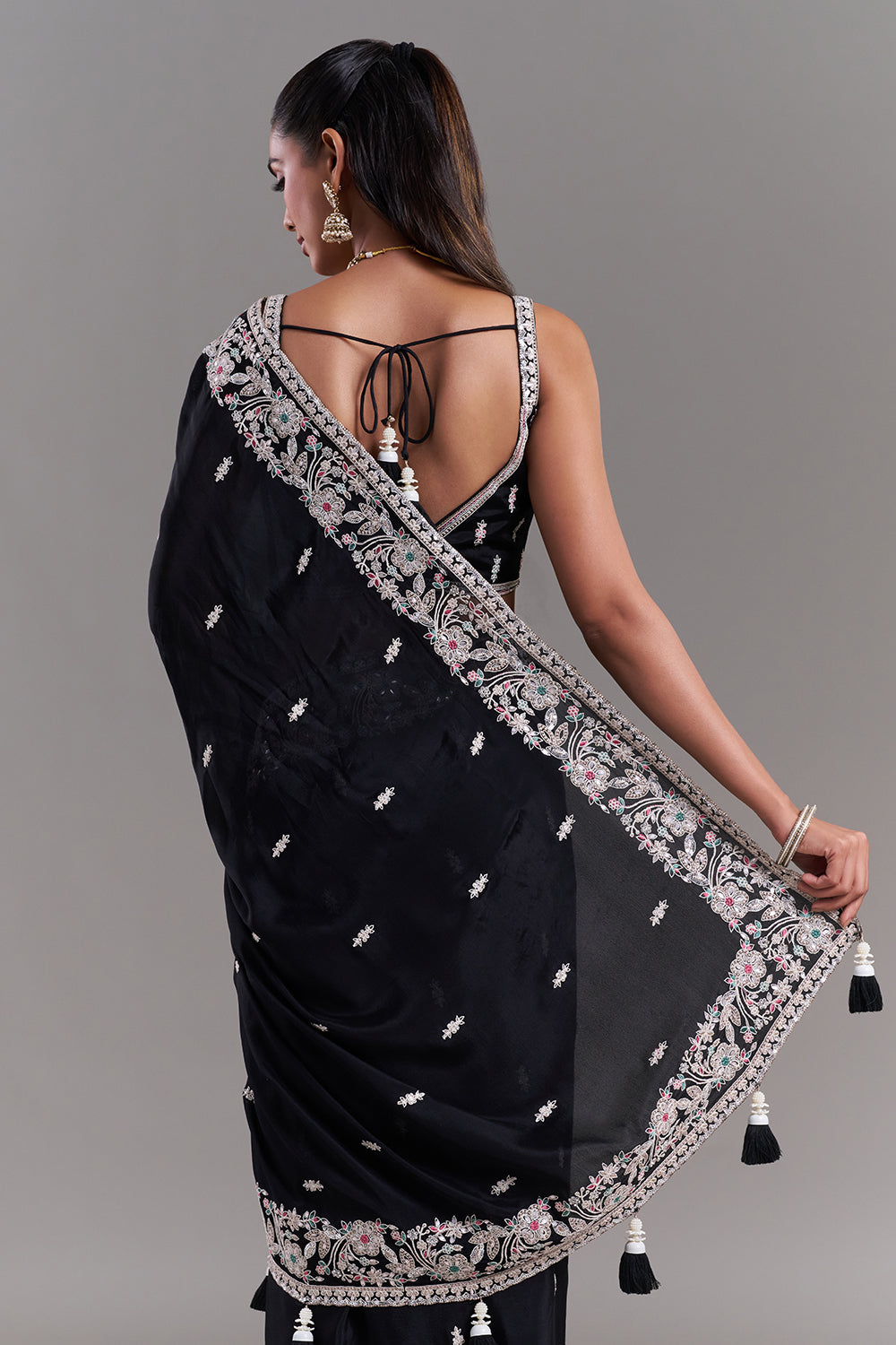 Black Crepe Embroidered Saree with Stitched Blouse