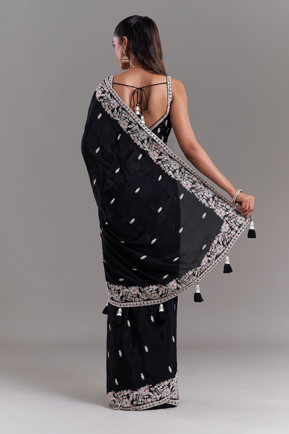 Black Crepe Embroidered Saree with Stitched Blouse