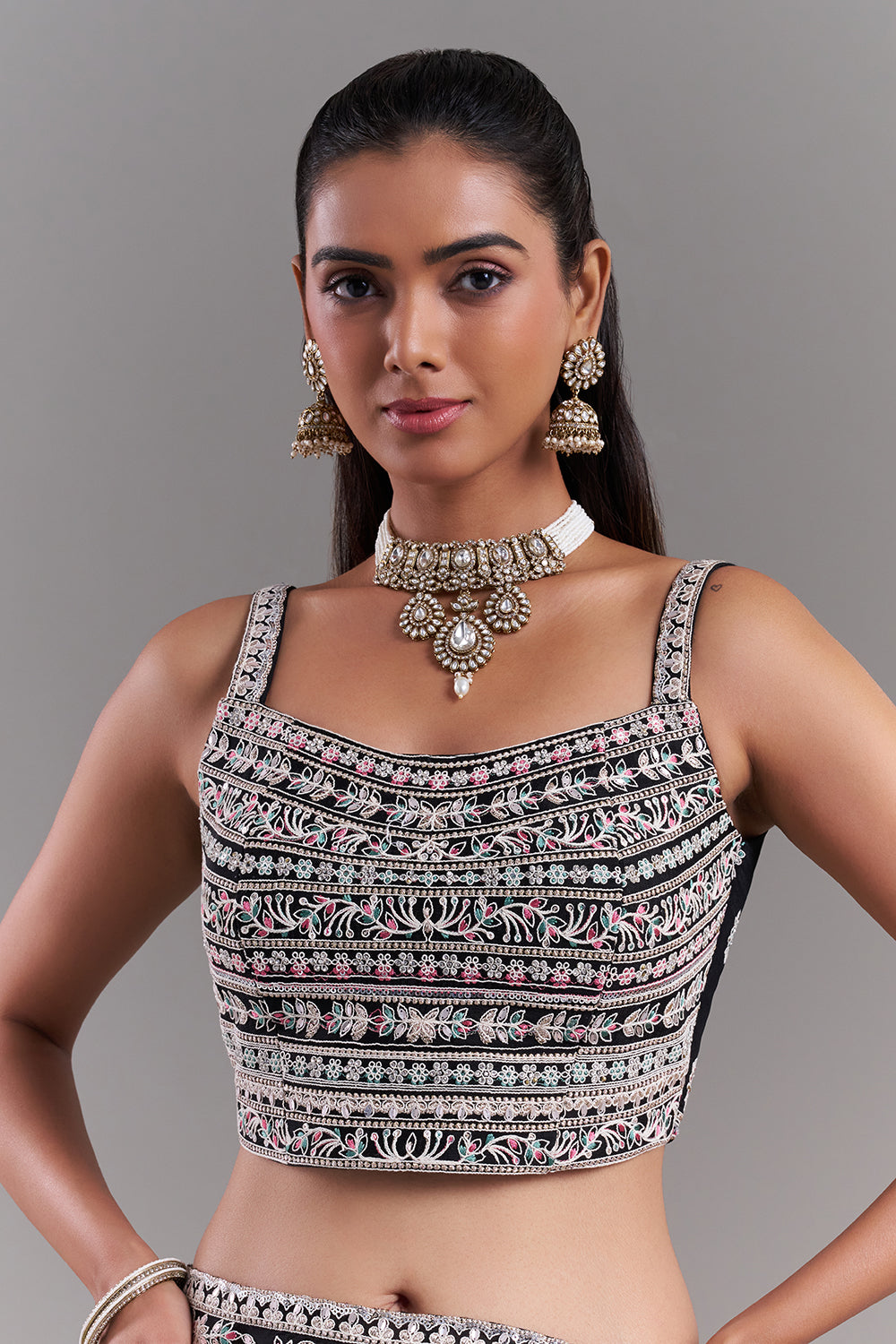Black Crepe Embroidered Saree with Stitched Blouse