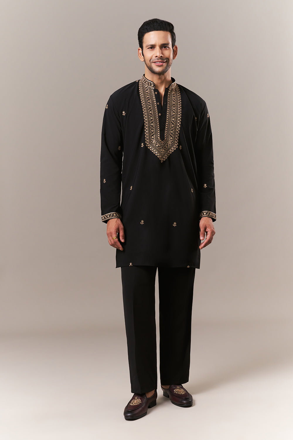 Black Crepe Mens Kurta Set with Dori and Sequins Work
