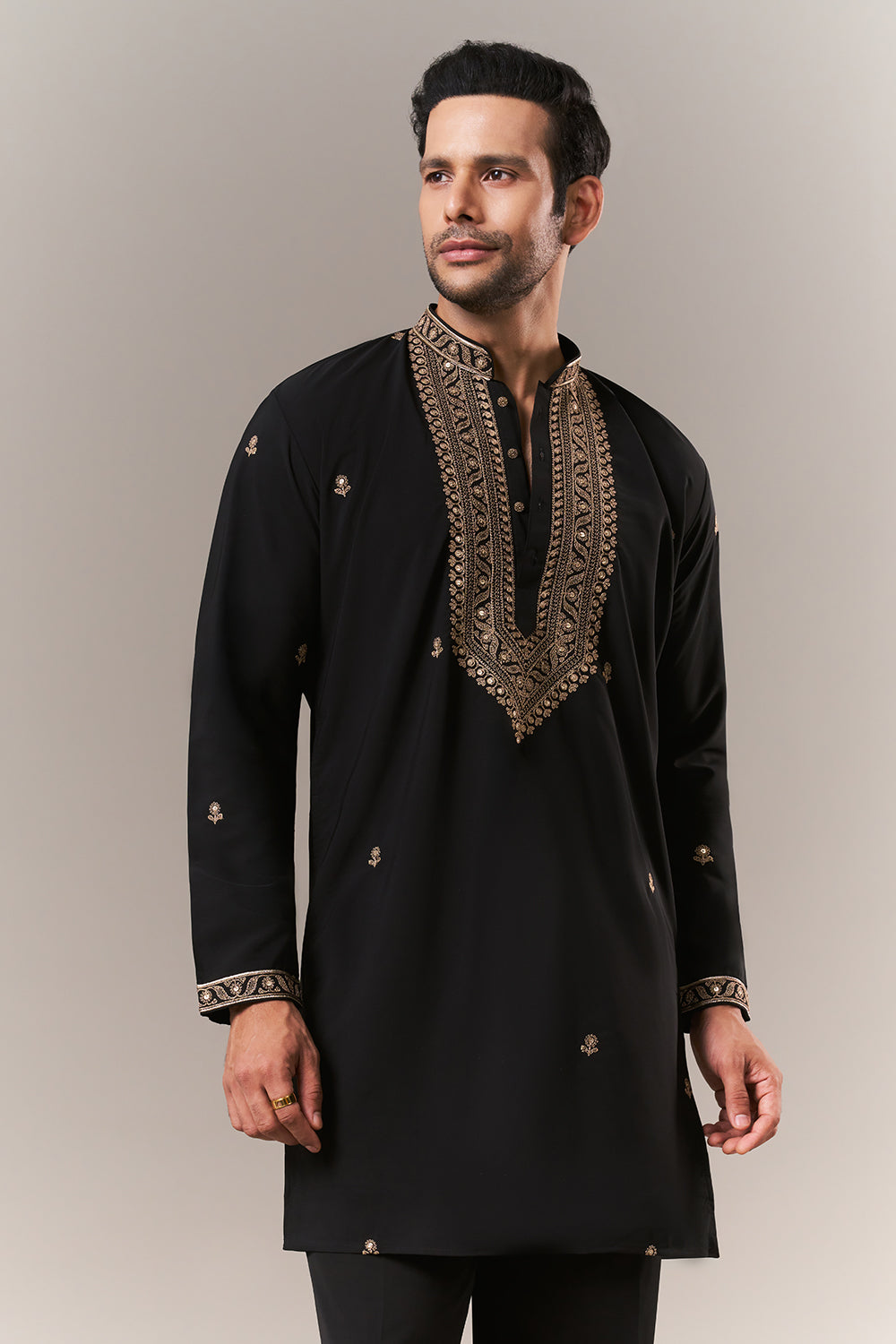 Black Crepe Mens Kurta Set with Dori and Sequins Work