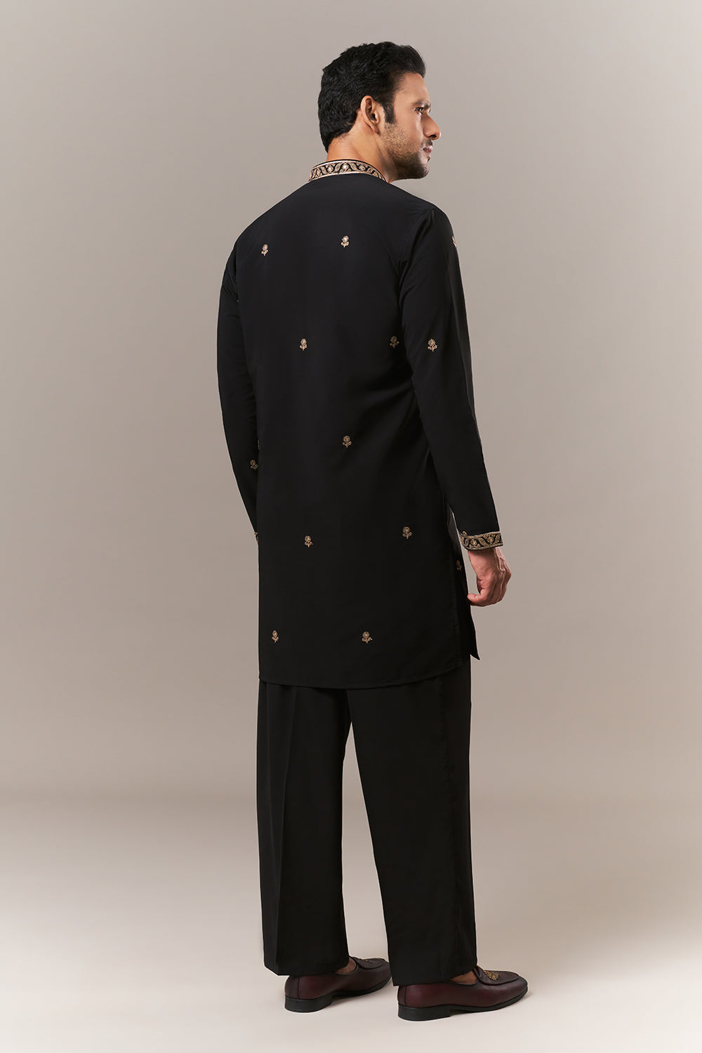 Black Crepe Mens Kurta Set with Dori and Sequins Work