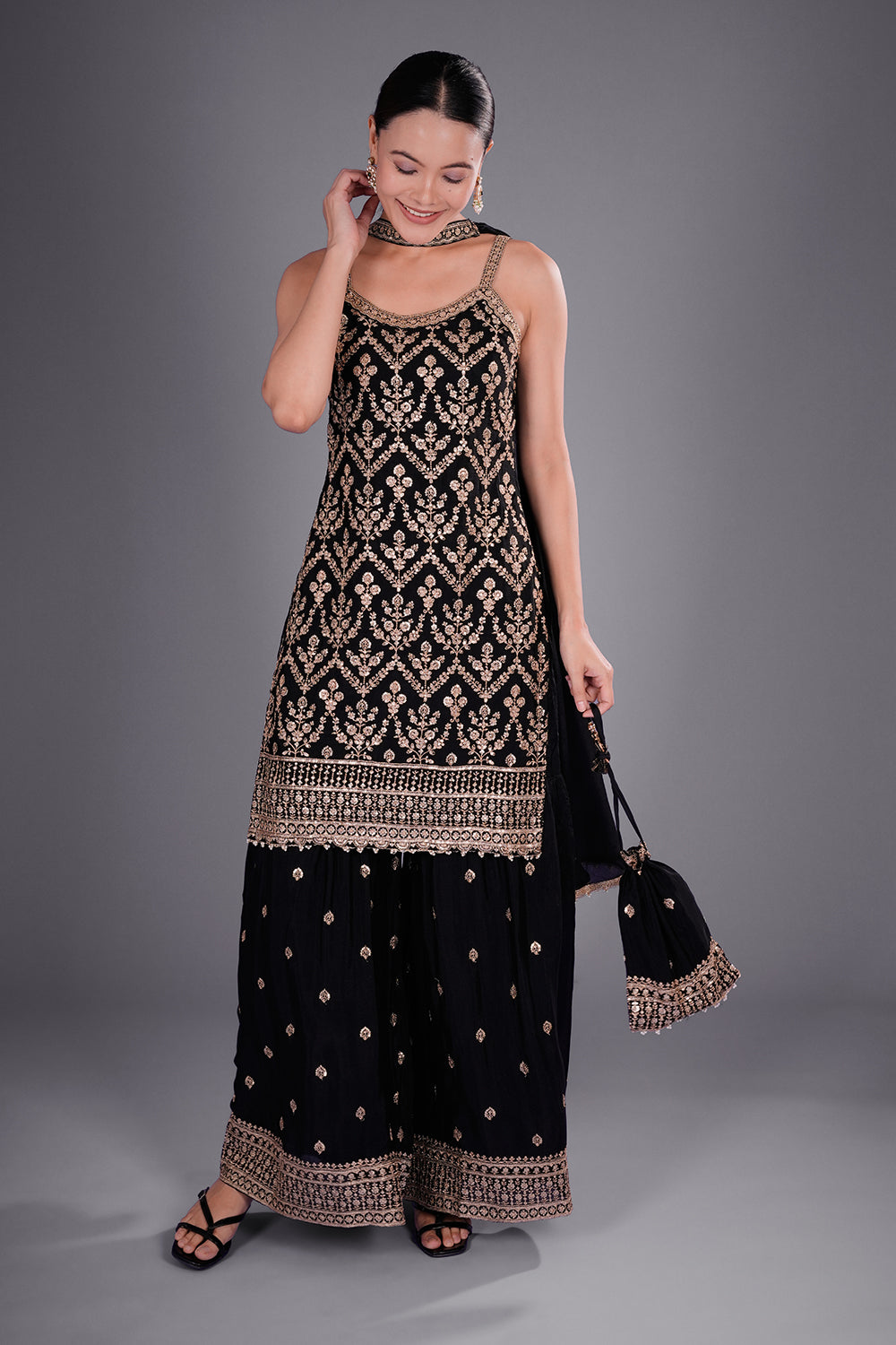 Black Crepe Kurta Set with Gold Embroidery