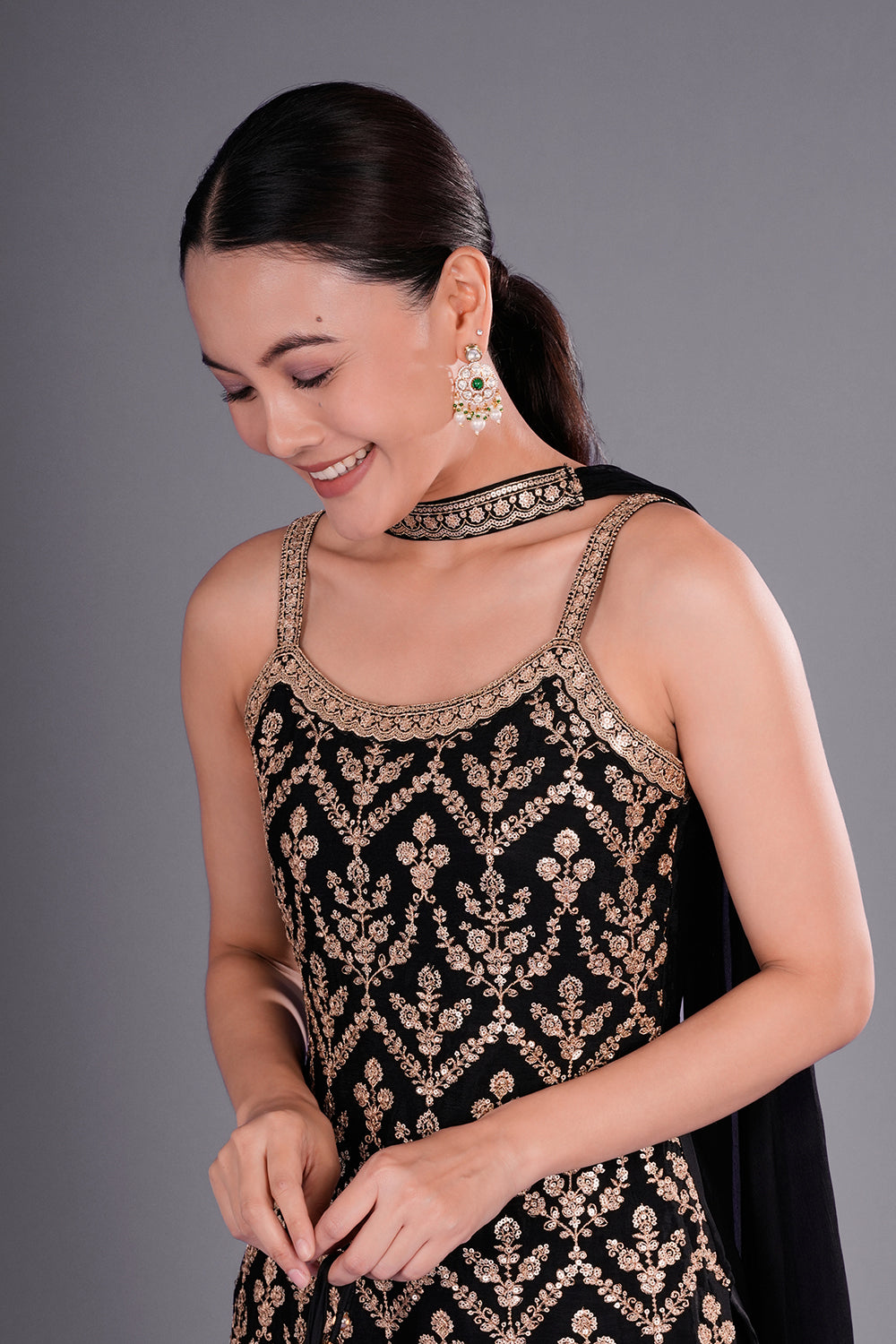 Black Crepe Kurta Set with Gold Embroidery