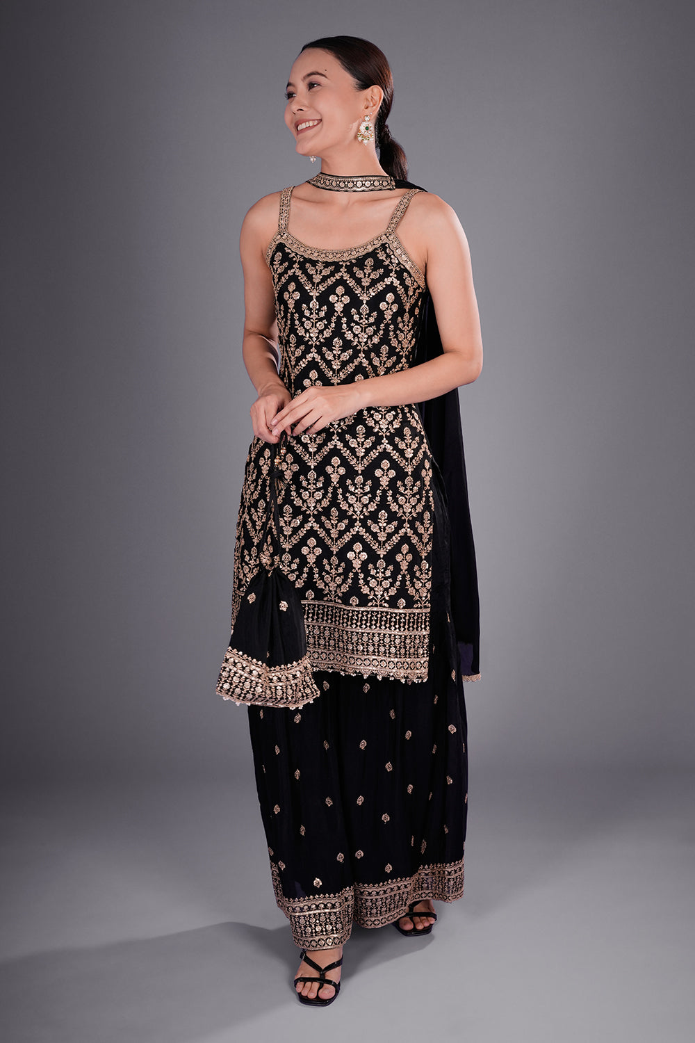 Black Crepe Kurta Set with Gold Embroidery