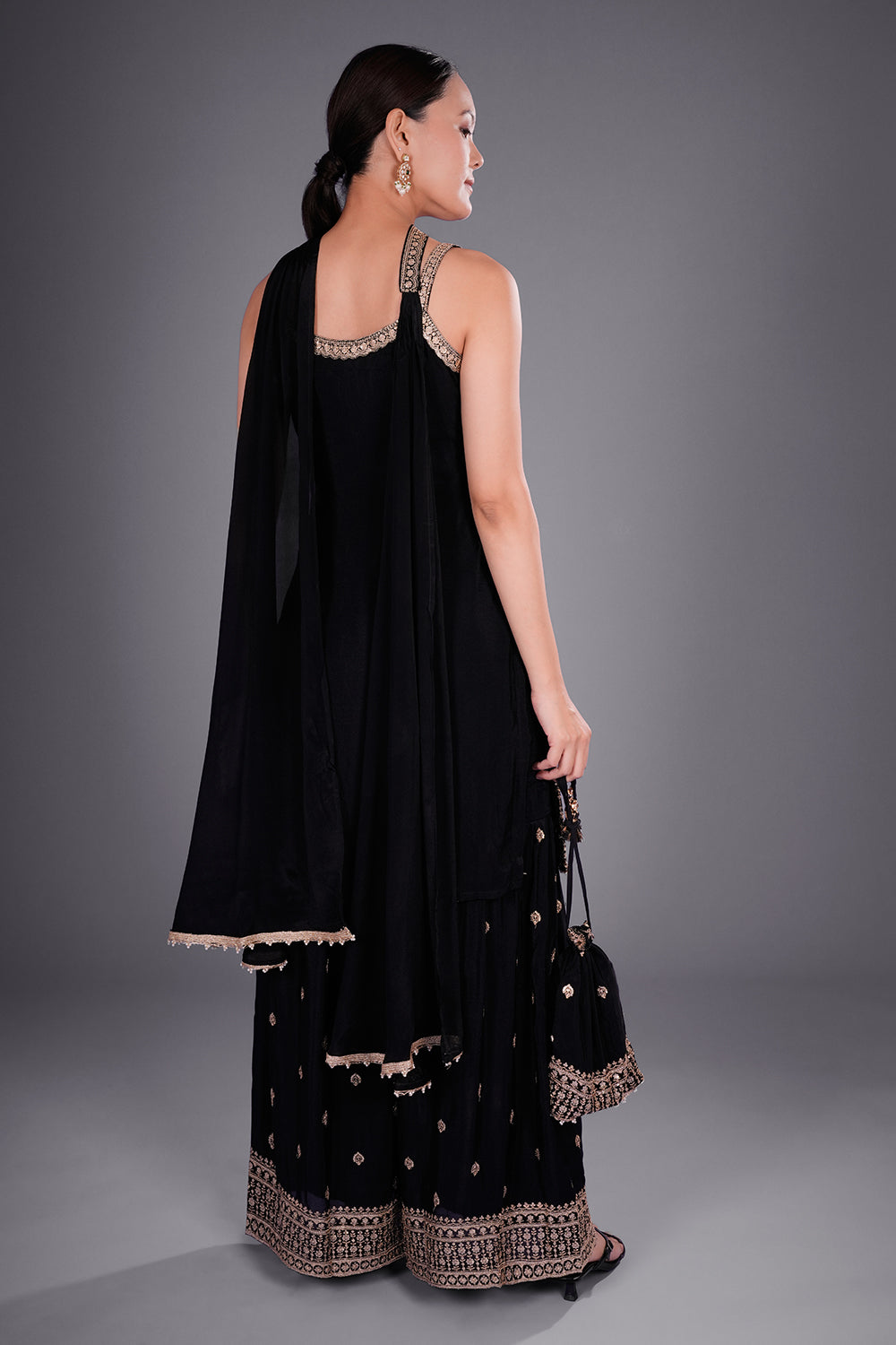 Black Crepe Kurta Set with Gold Embroidery