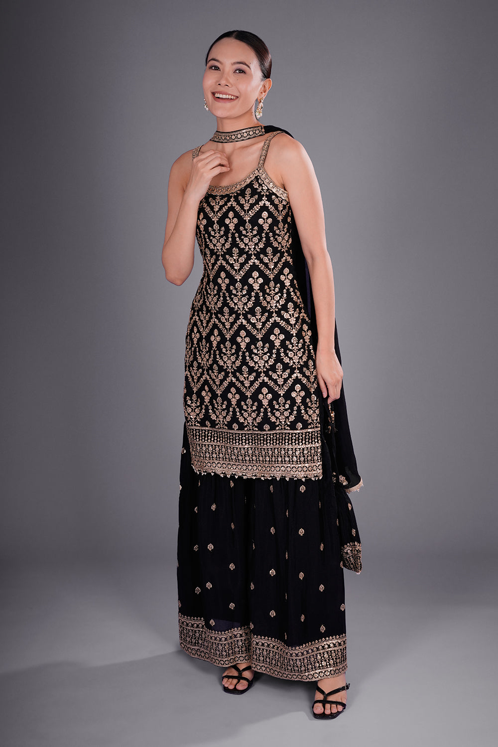 Black Crepe Kurta Set with Gold Embroidery
