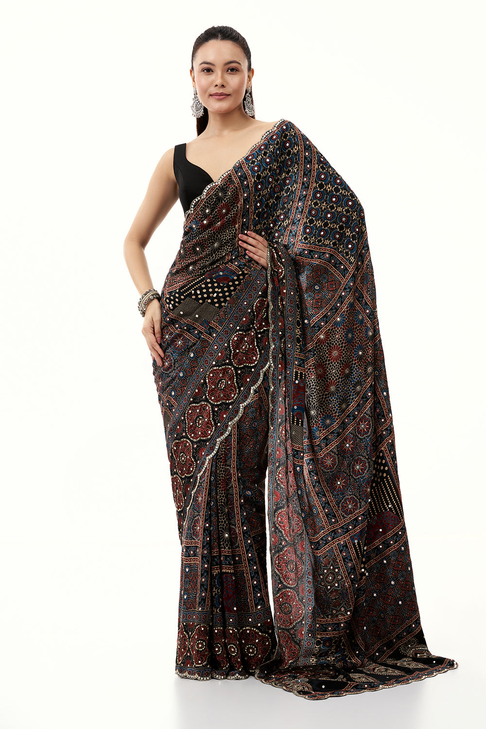 Black Crepe Printed Saree with Mirror and Sequin Work