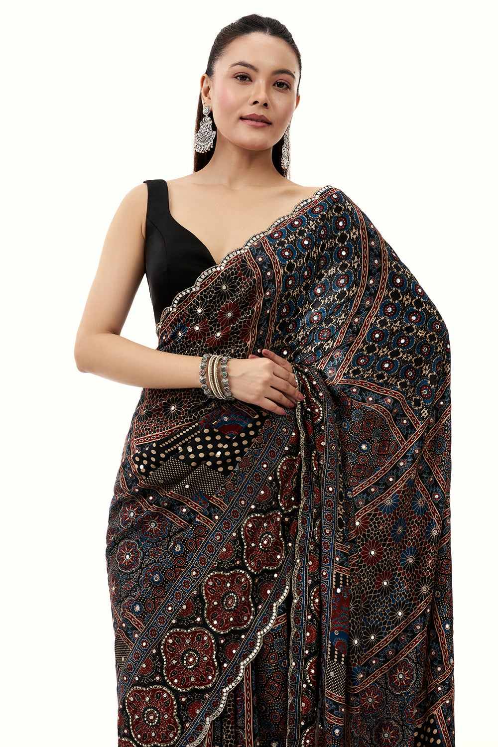 Black Crepe Printed Saree with Mirror and Sequin Work