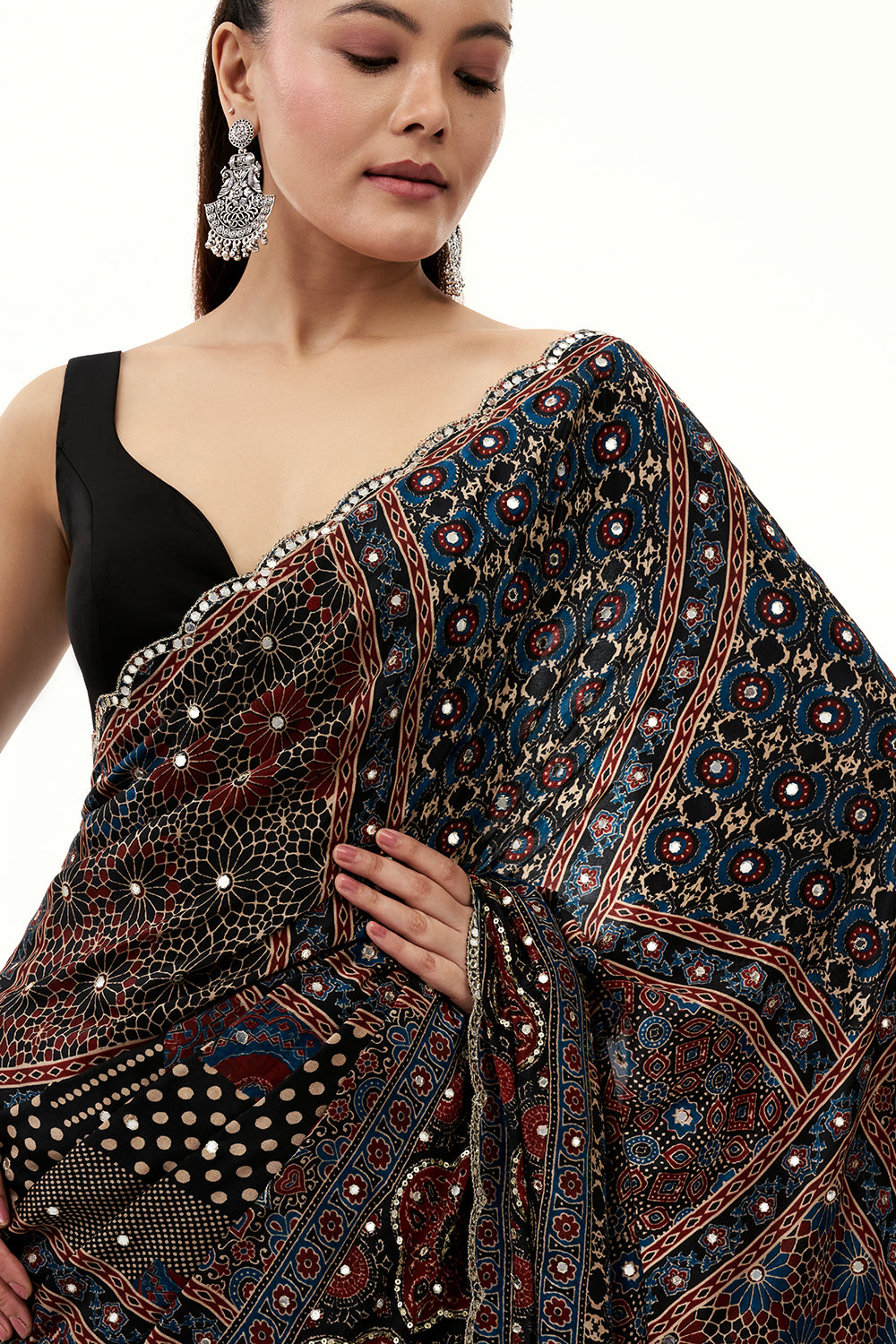 Black Crepe Printed Saree with Mirror and Sequin Work