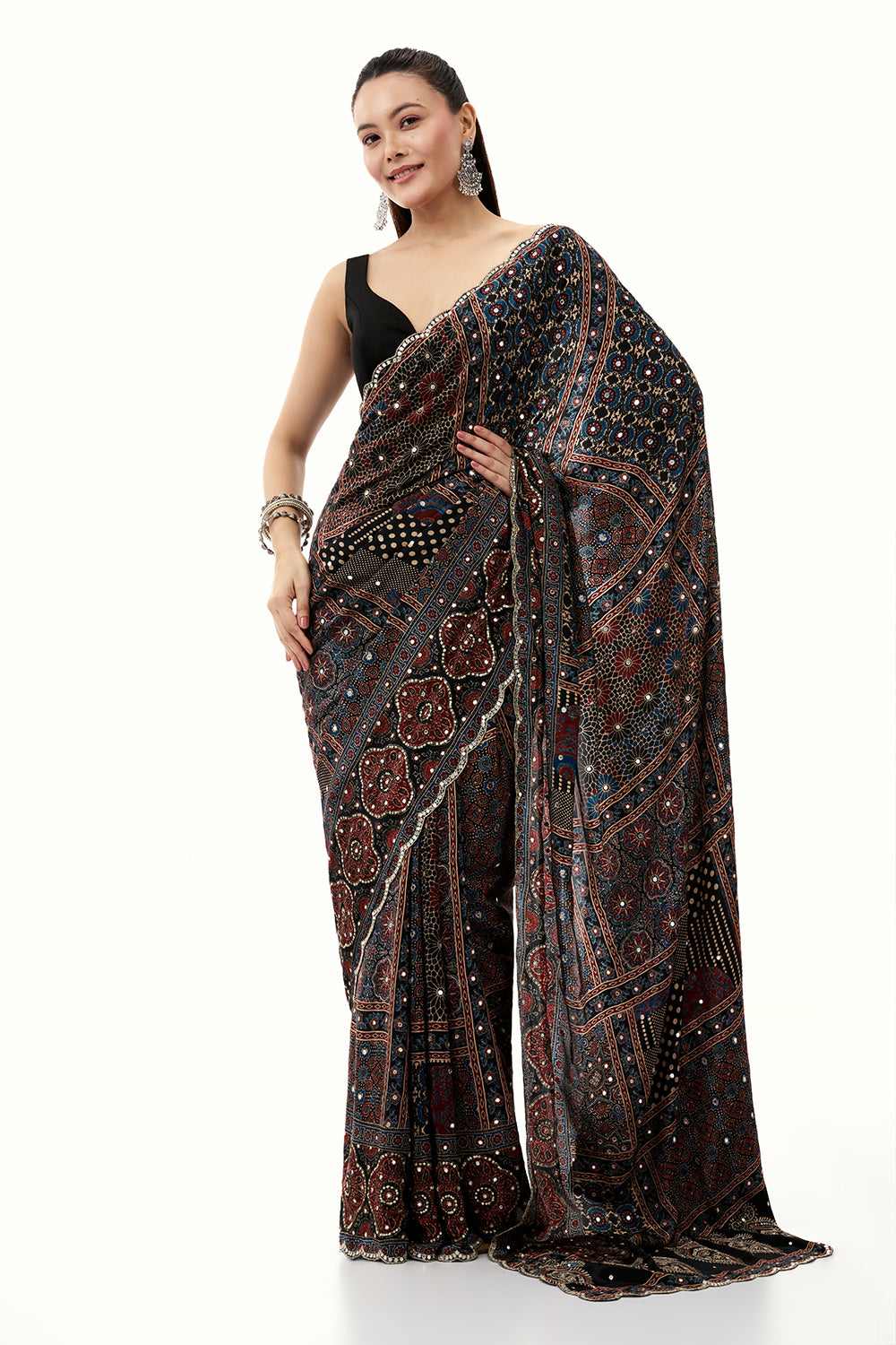 Black Crepe Printed Saree with Mirror and Sequin Work