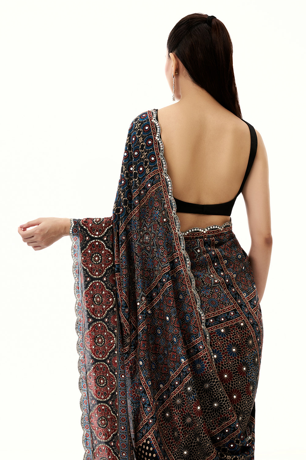 Black Crepe Printed Saree with Mirror and Sequin Work