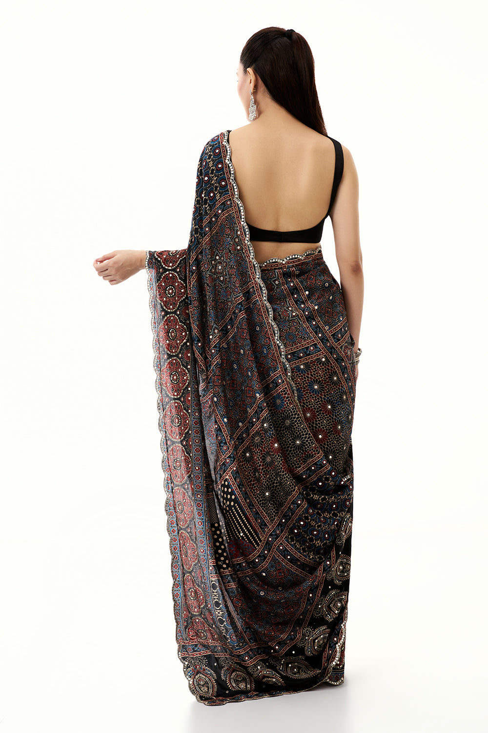 Black Crepe Printed Saree with Mirror and Sequin Work