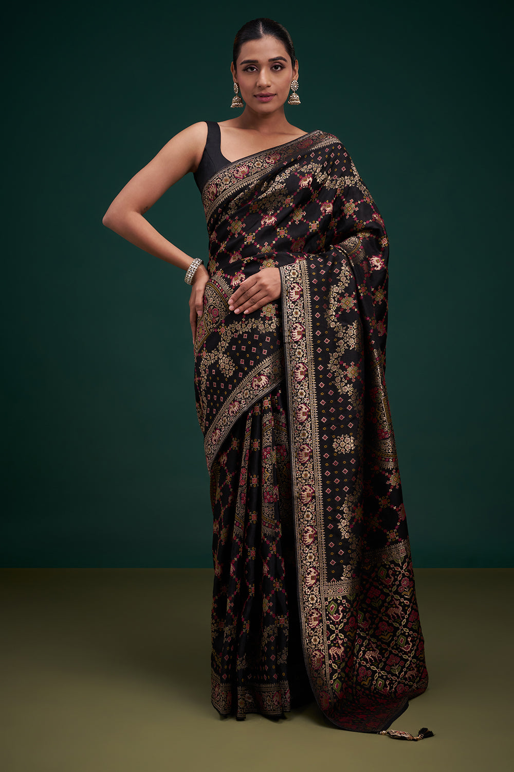 Black Dola Silk Saree with Elephant Motifs and Unstitched Blouse