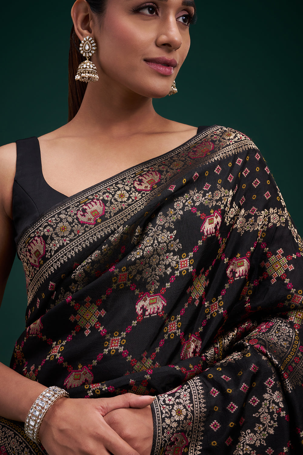 Black Dola Silk Saree with Elephant Motifs and Unstitched Blouse