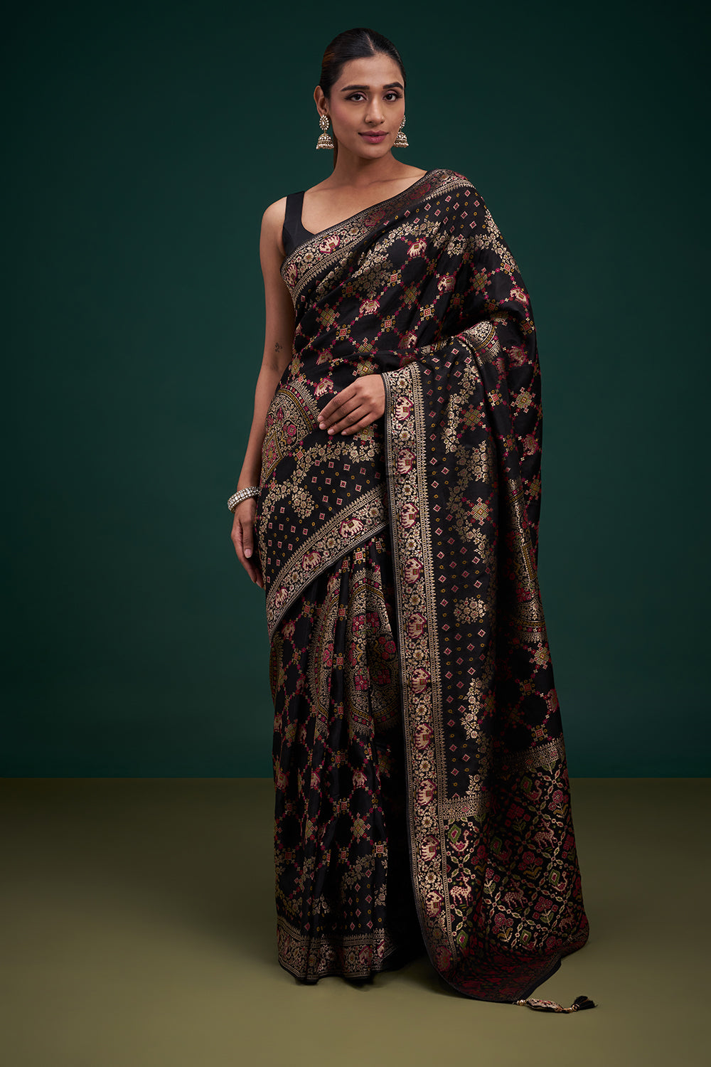 Black Dola Silk Saree with Elephant Motifs and Unstitched Blouse