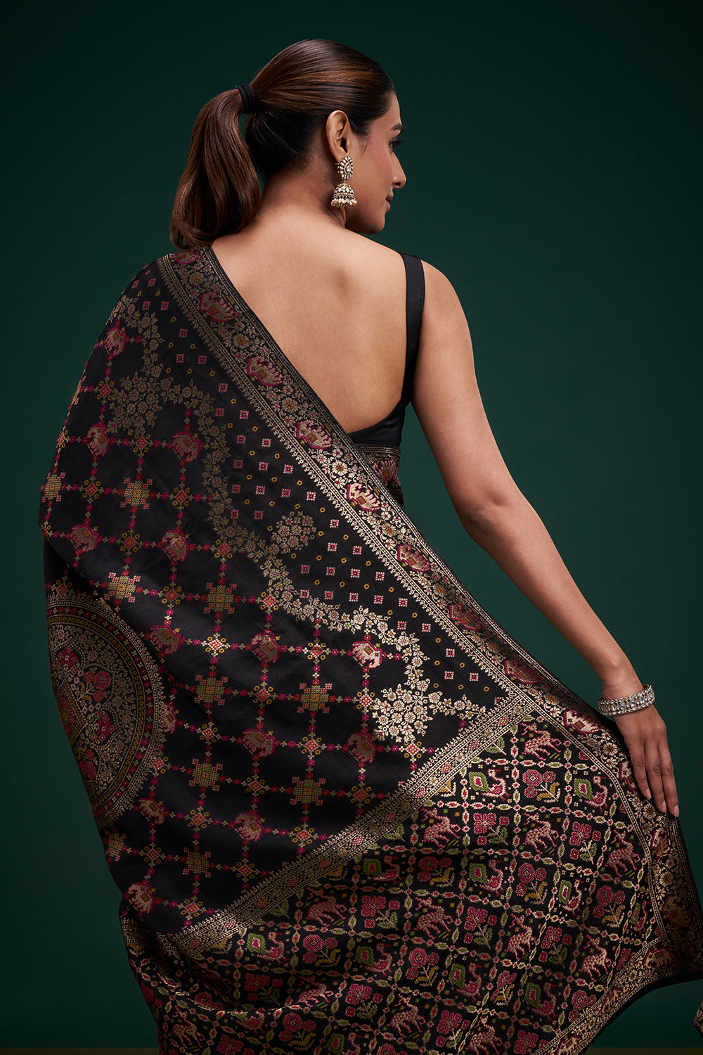 Black Dola Silk Saree with Elephant Motifs and Unstitched Blouse