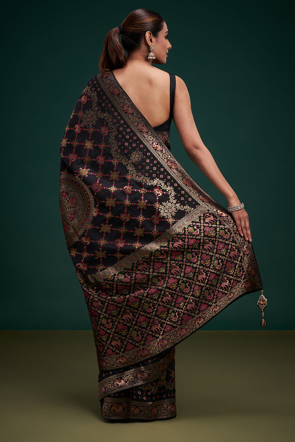 Black Dola Silk Saree with Elephant Motifs and Unstitched Blouse