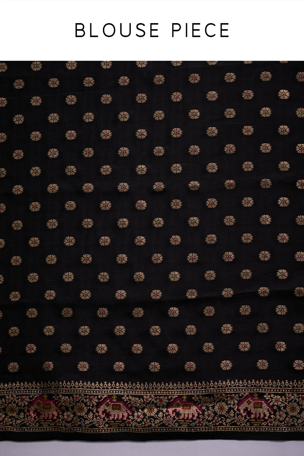 Black Dola Silk Saree with Elephant Motifs and Unstitched Blouse