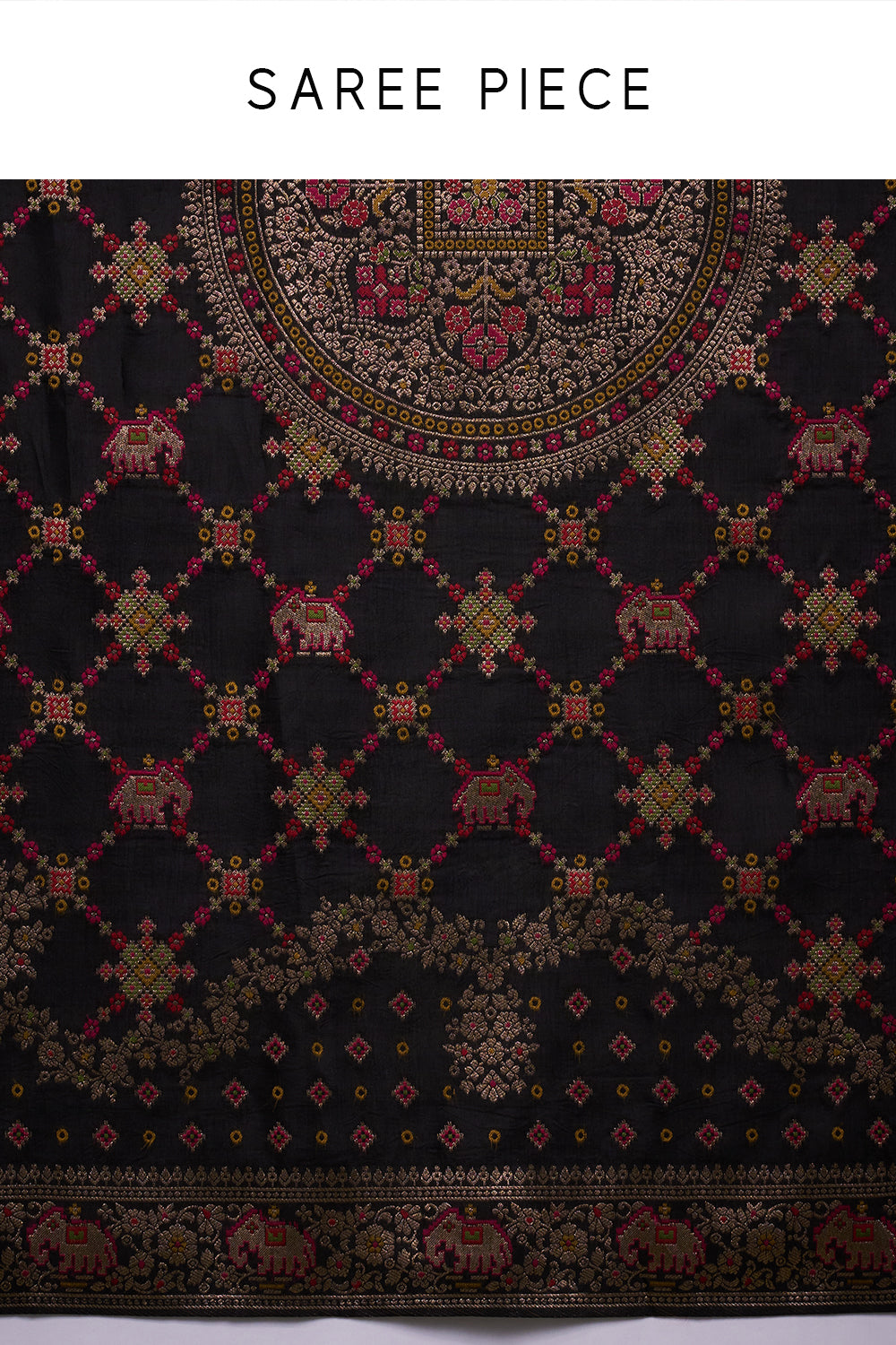 Black Dola Silk Saree with Elephant Motifs and Unstitched Blouse