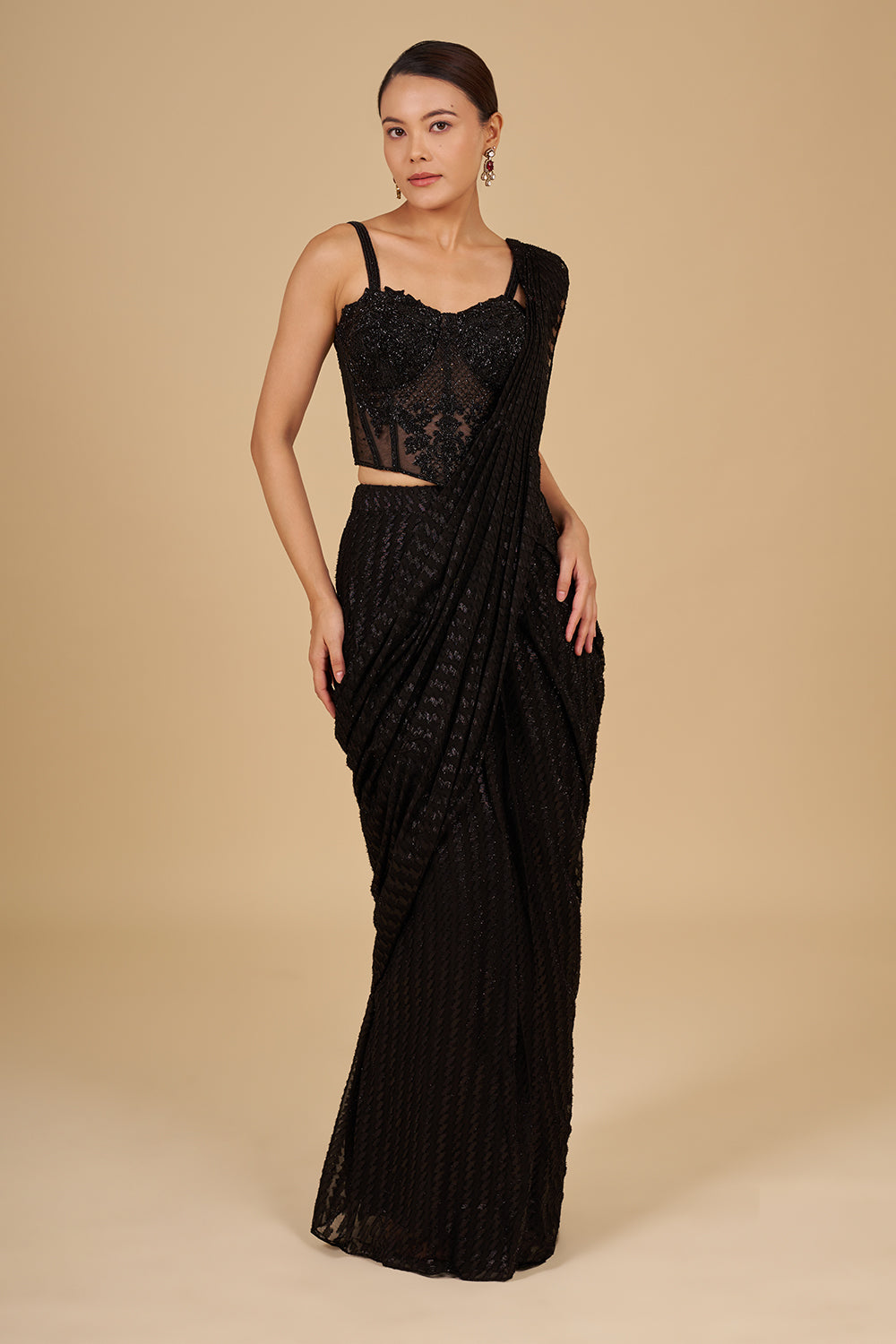 Black Embroidered Drape Saree with Corset Blouse