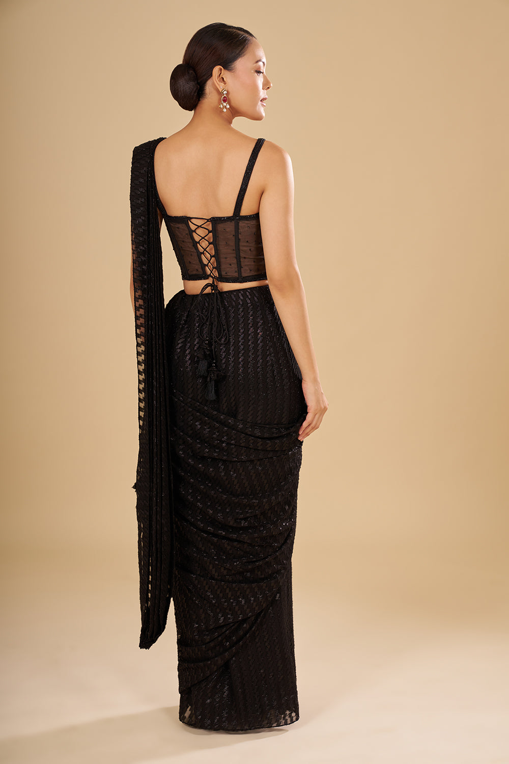 Black Embroidered Drape Saree with Corset Blouse