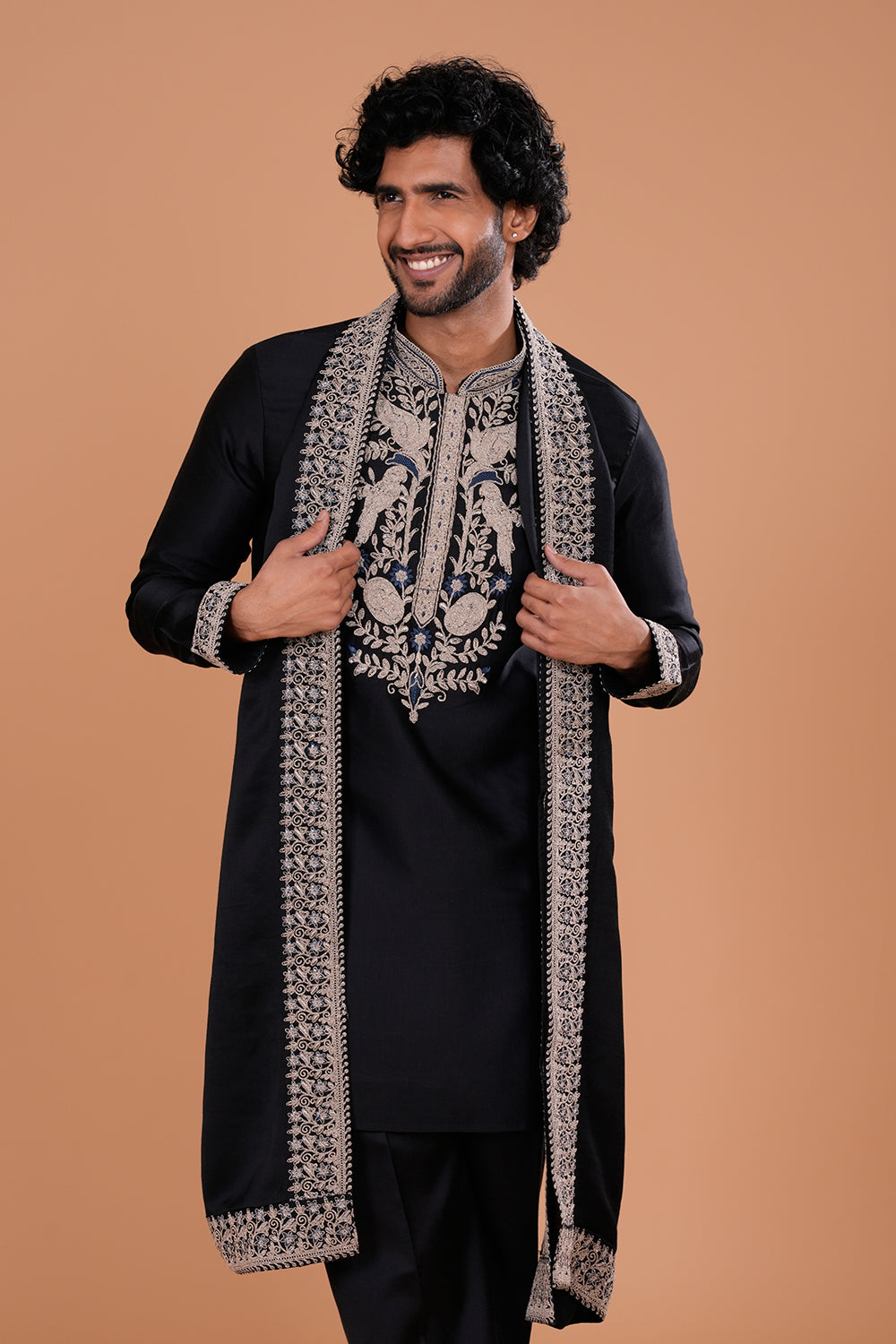 Black Embroidered Festive Men's Kurta Set