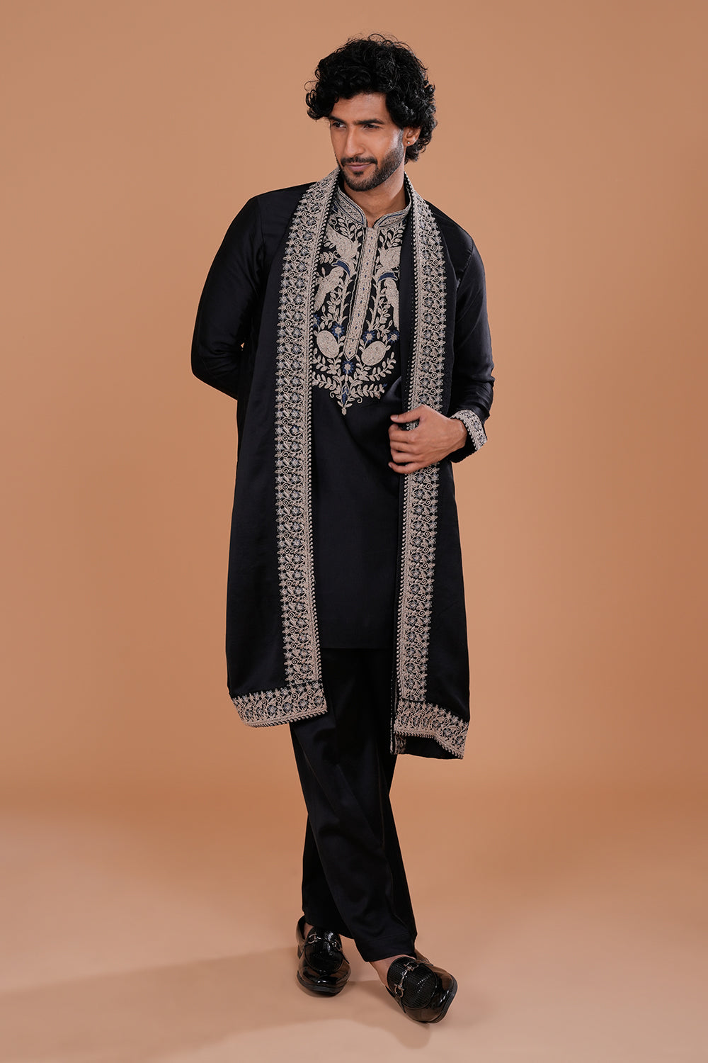 Black Embroidered Festive Men's Kurta Set