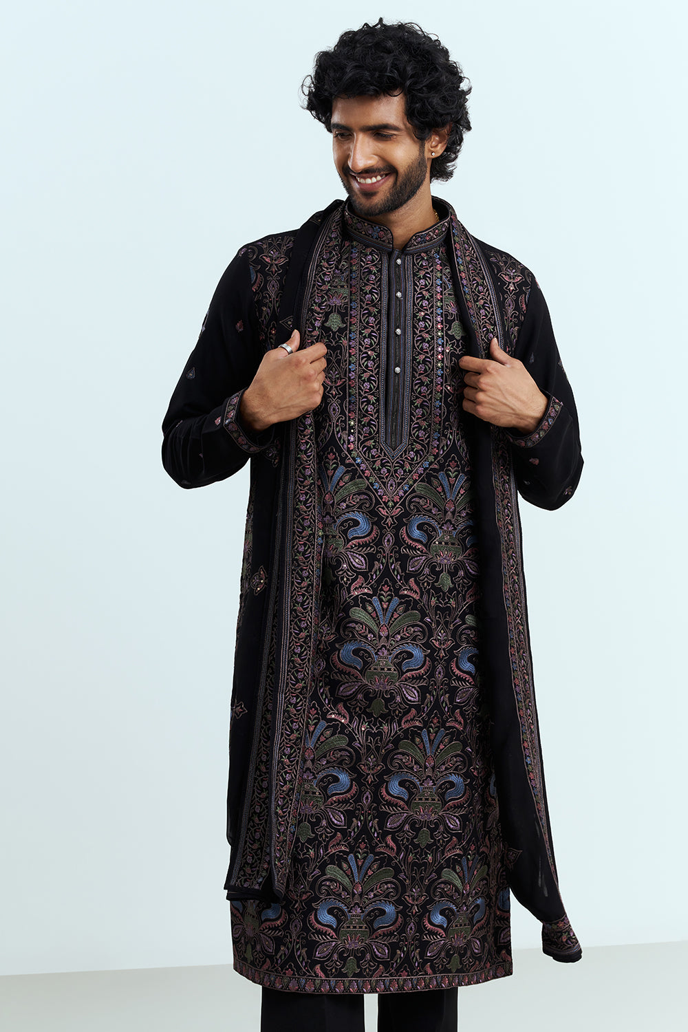 Black Embroidered Men's Kurta Set