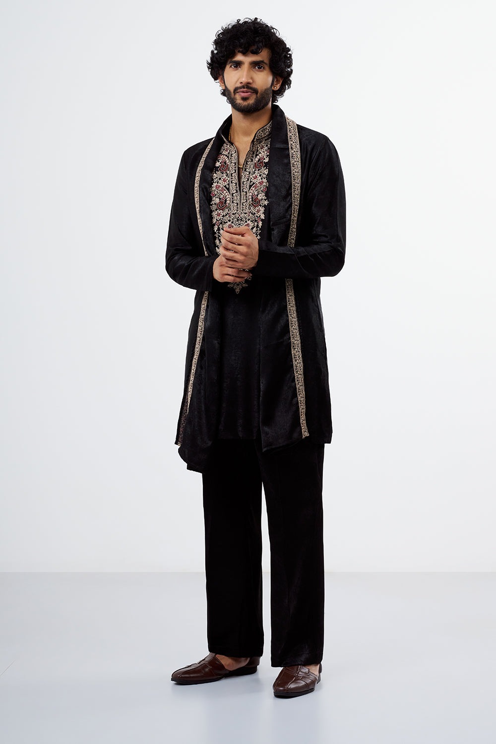 Black Velvet Embroidered Men's Kurta Set