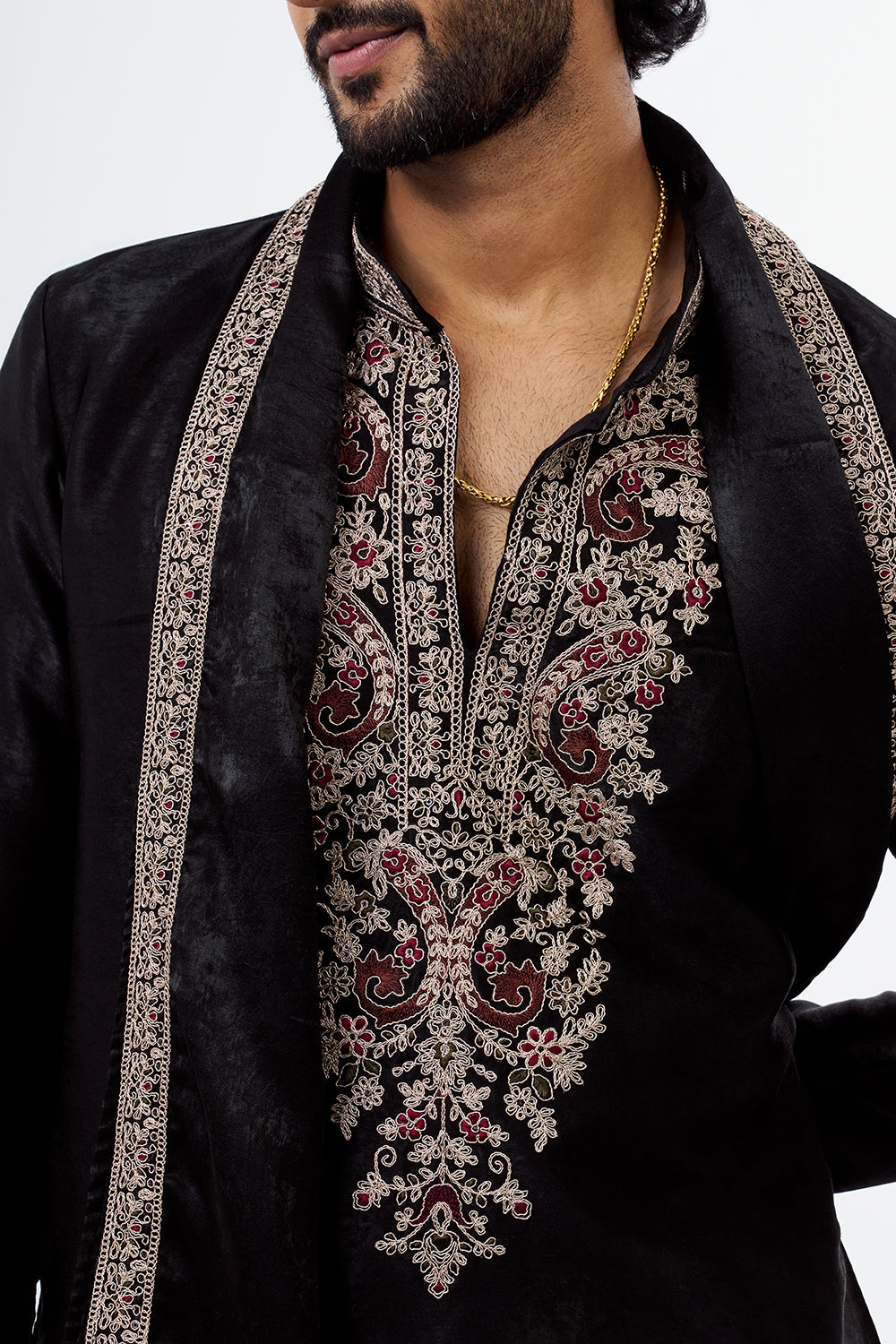 Black Velvet Embroidered Men's Kurta Set