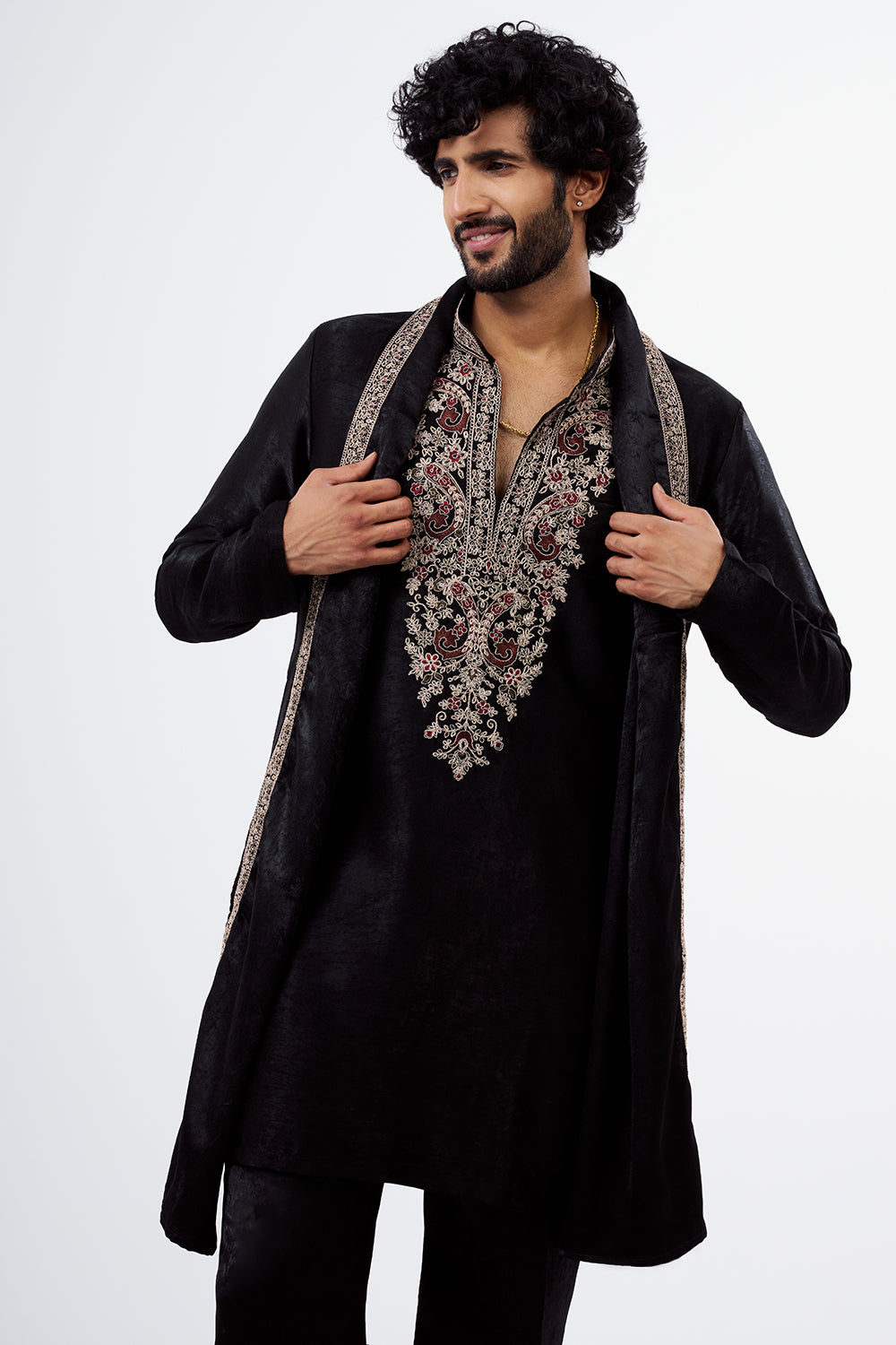 Black Velvet Embroidered Men's Kurta Set