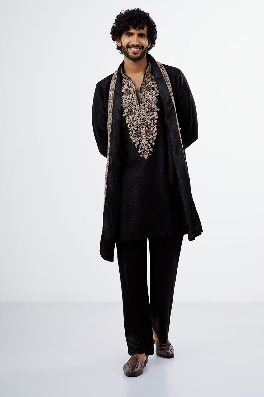 Black Velvet Embroidered Men's Kurta Set