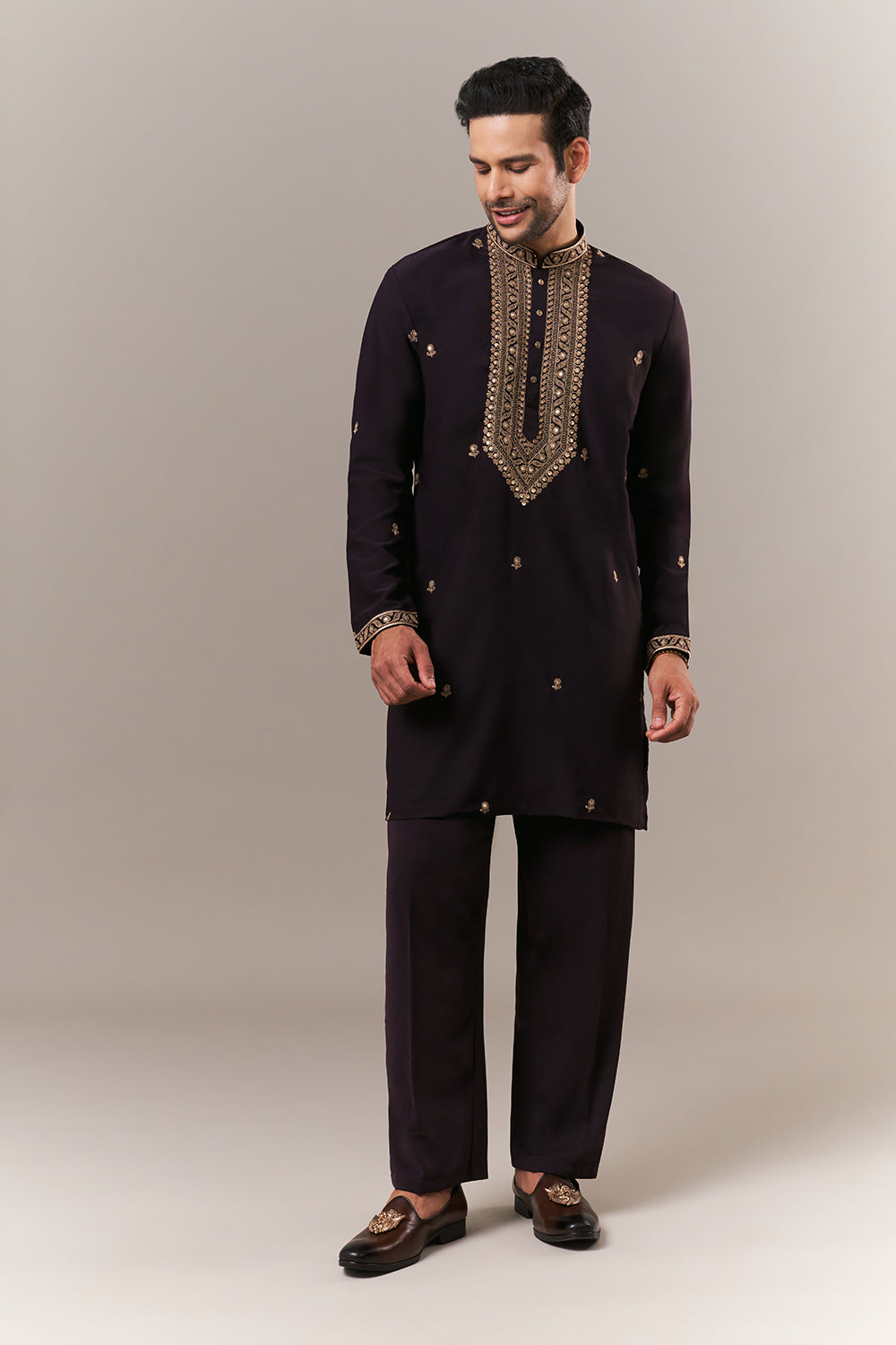 Black Faux Georgette Mens Kurta Set with Dori and Sequin Work