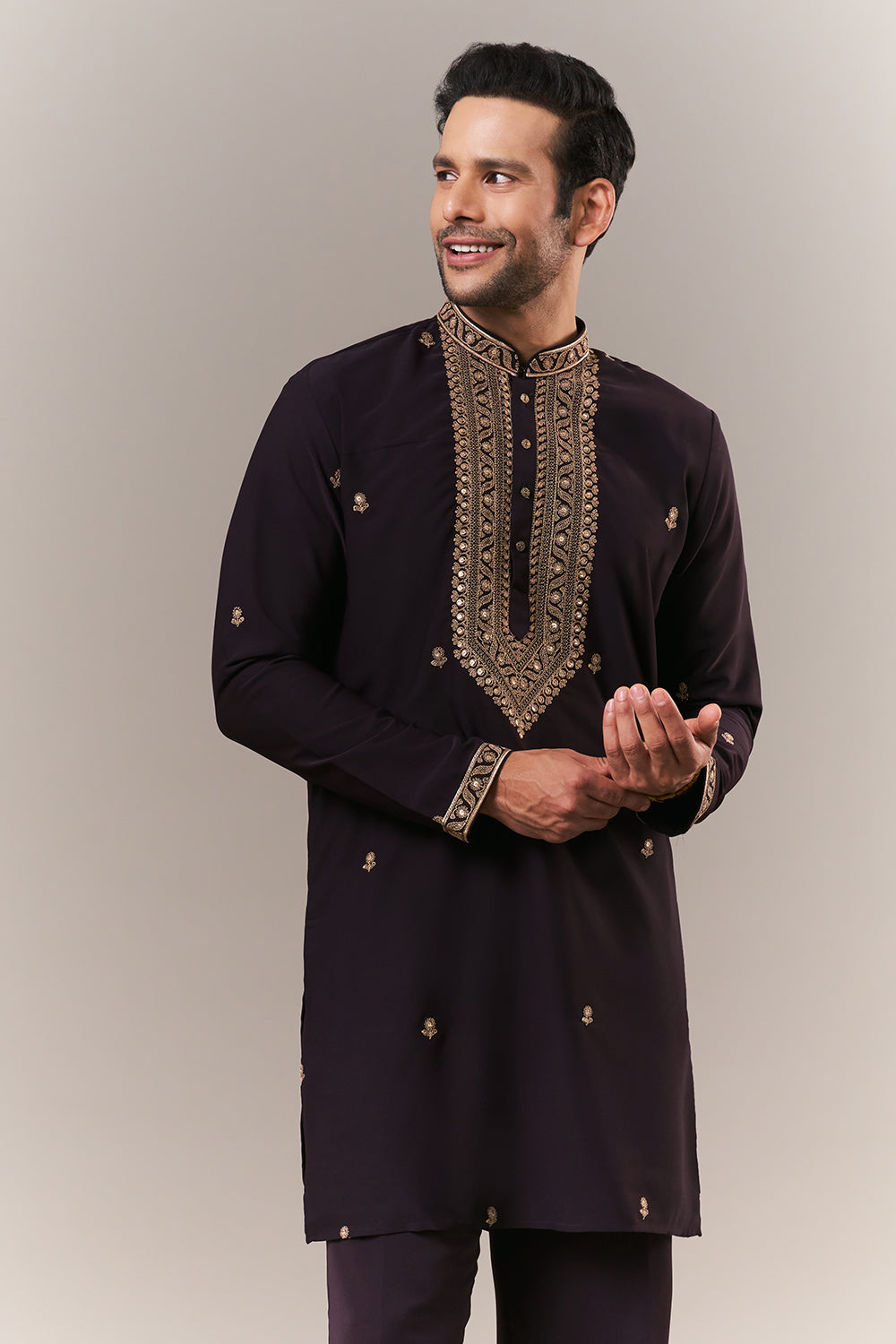 Black Faux Georgette Mens Kurta Set with Dori and Sequin Work