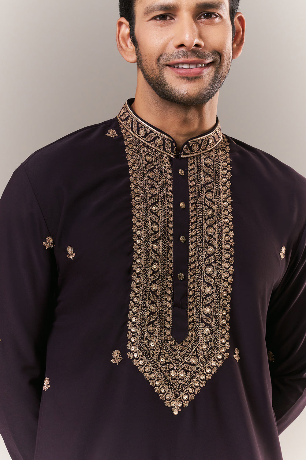 Black Faux Georgette Mens Kurta Set with Dori and Sequin Work