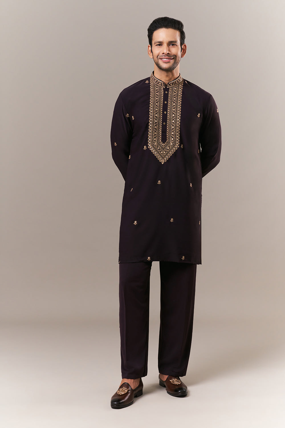 Black Faux Georgette Mens Kurta Set with Dori and Sequin Work