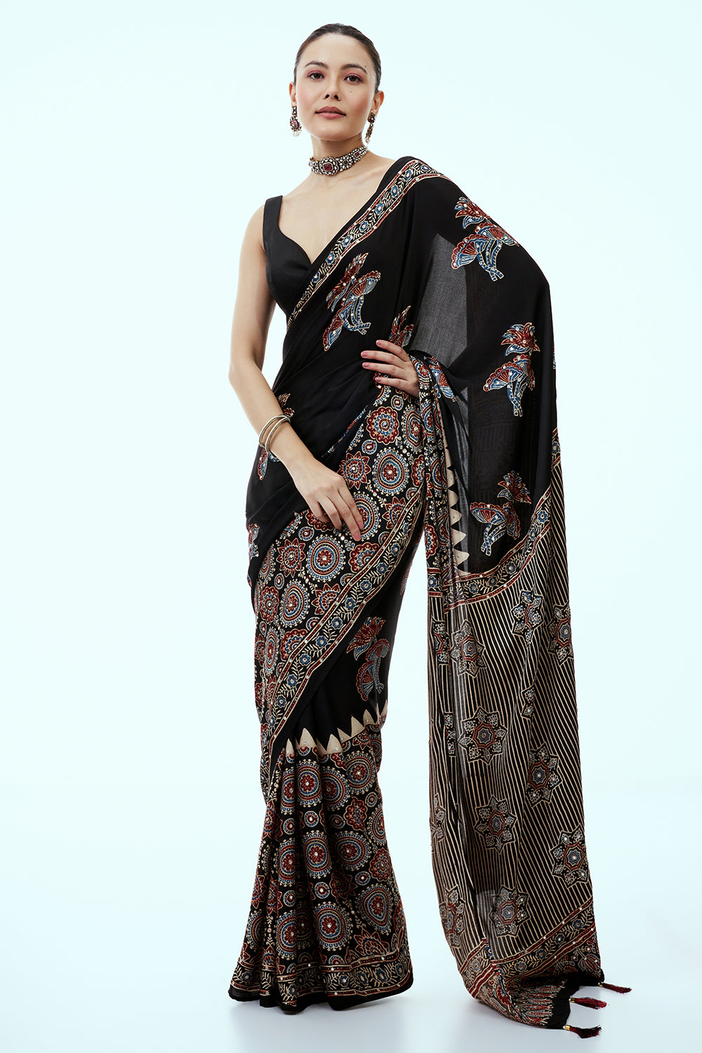 Black Floral Ajrakh Saree with Sequin Border and Unstitched Blouse