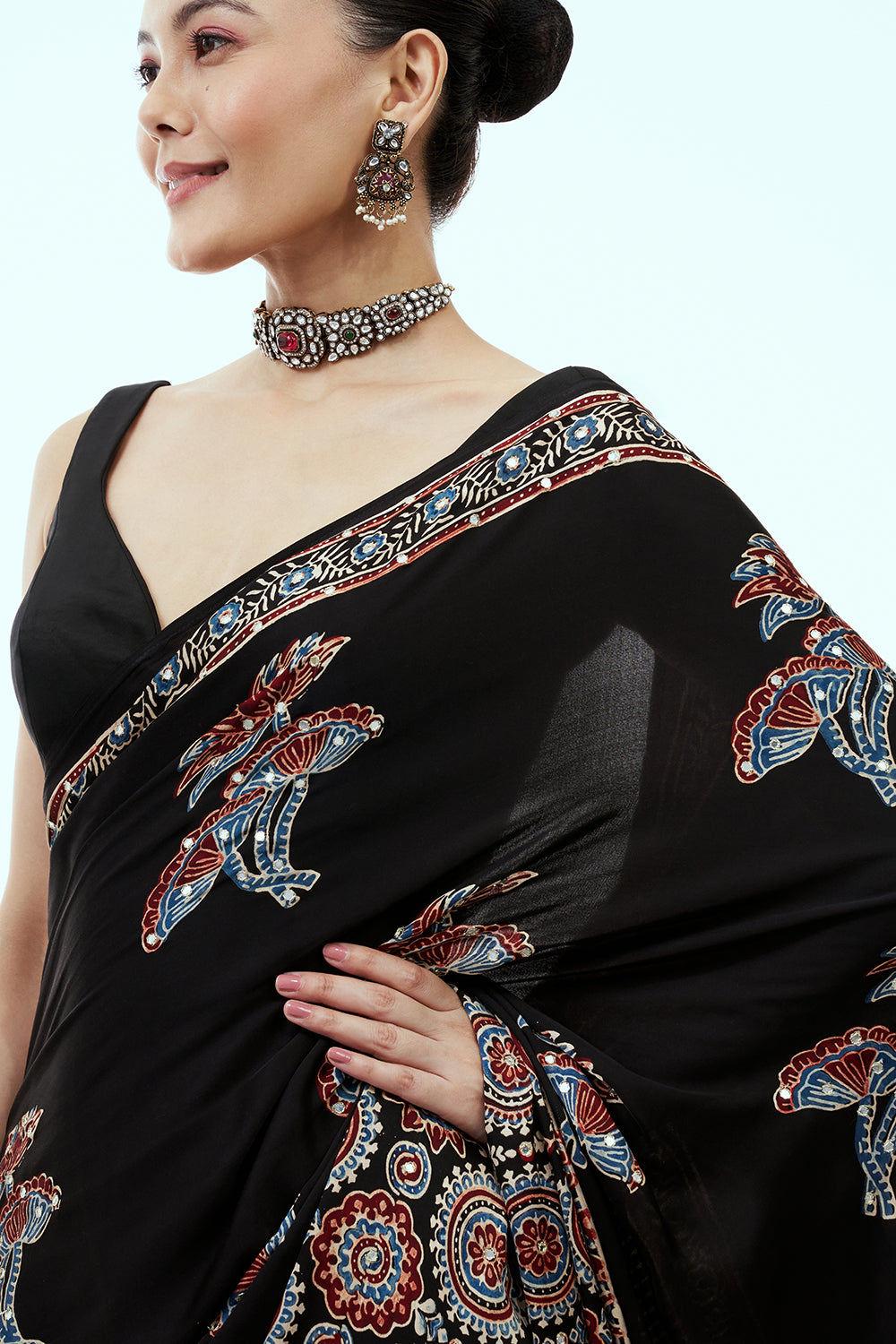 Black Floral Ajrakh Saree with Sequin Border and Unstitched Blouse