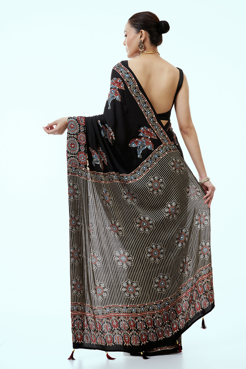 Black Floral Ajrakh Saree with Sequin Border and Unstitched Blouse
