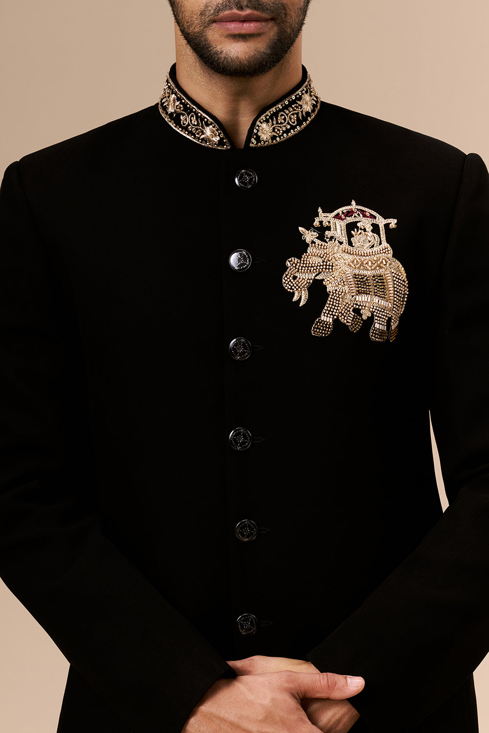 Black Georgette Jodhpuri with Cut Dana and Zari Elephant Motif