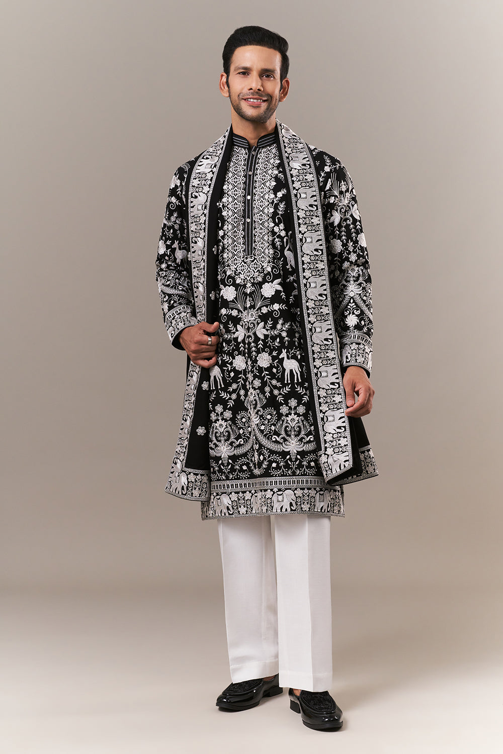 Black Georgette Mens Kurta Set with Parsi Embroidery