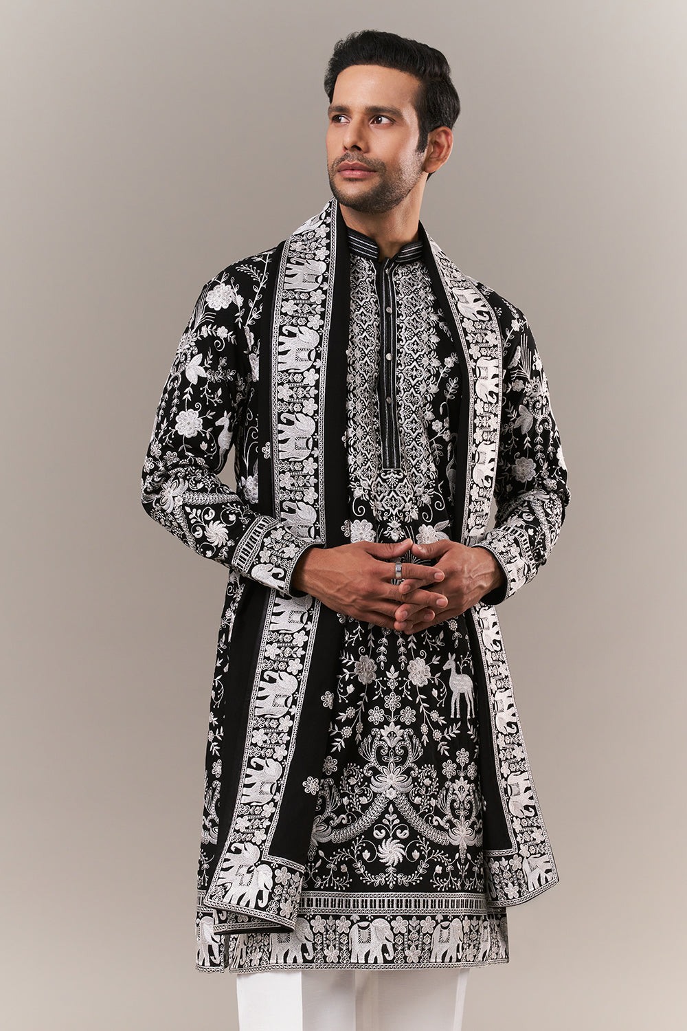 Black Georgette Mens Kurta Set with Parsi Embroidery