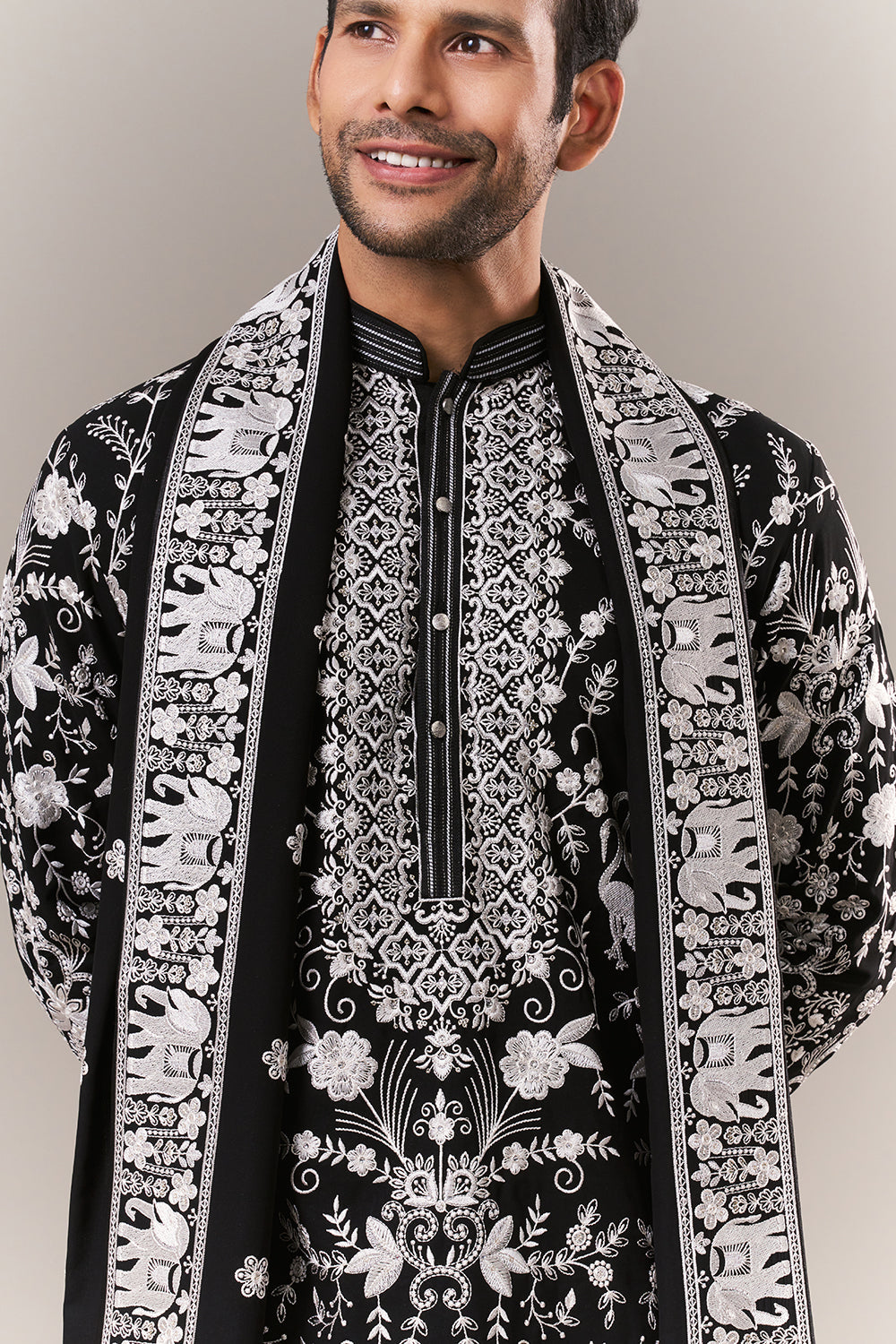 Black Georgette Mens Kurta Set with Parsi Embroidery
