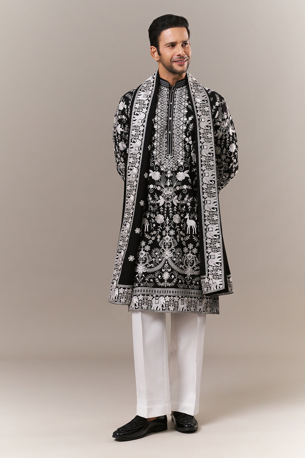 Black Georgette Mens Kurta Set with Parsi Embroidery