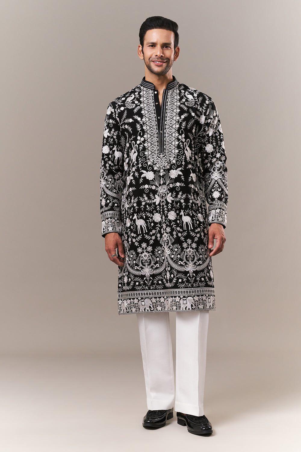 Black Georgette Mens Kurta Set with Parsi Embroidery
